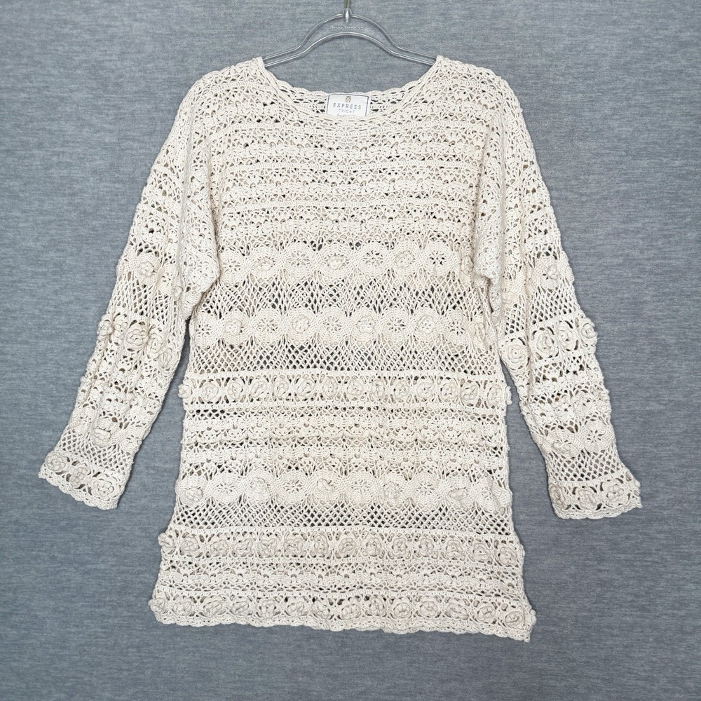 Vintage Express Tricot HandKnitted Crochet Sweater Cream‎ Size XS Cottagecore